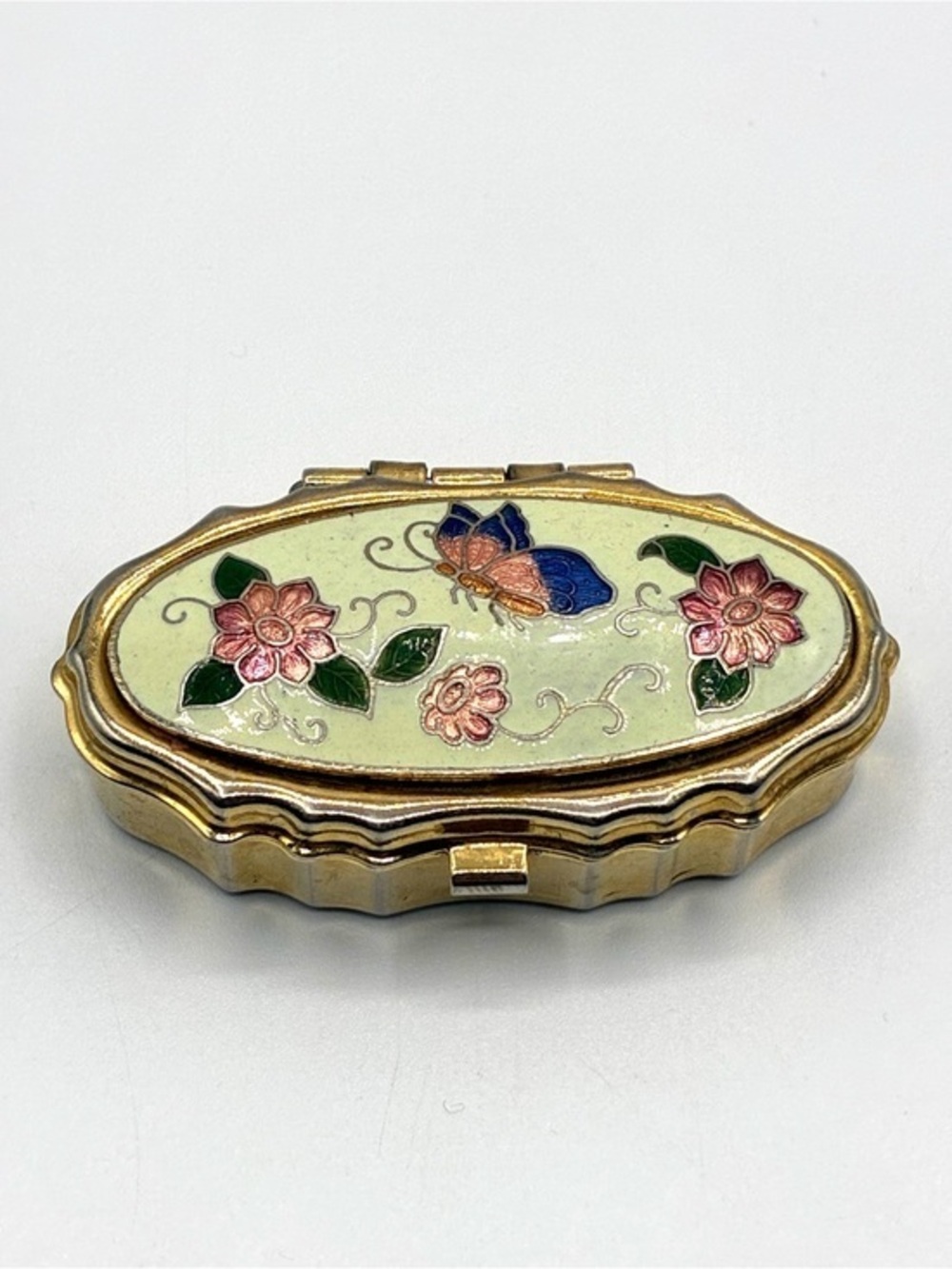 Vintage Cloisonné Butterfly Trinket Box Gold Tone Enamel Jewelry Pill Box